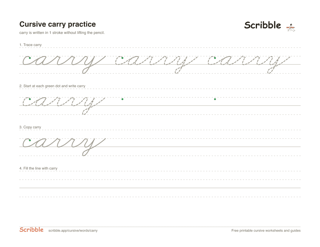 Preview of the printable carry in cursive worksheet: trace, copy, and practice rows