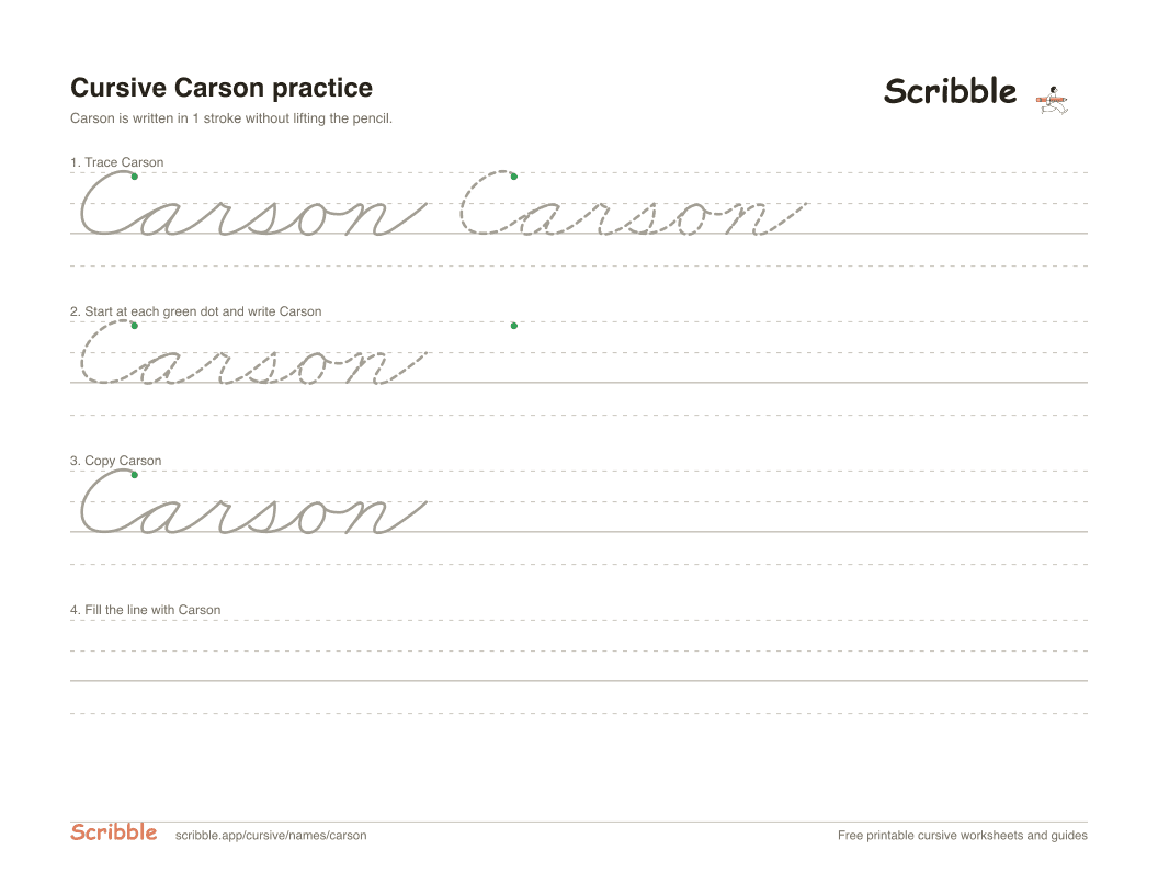 Preview of the printable Carson in cursive worksheet: trace, copy, and practice rows