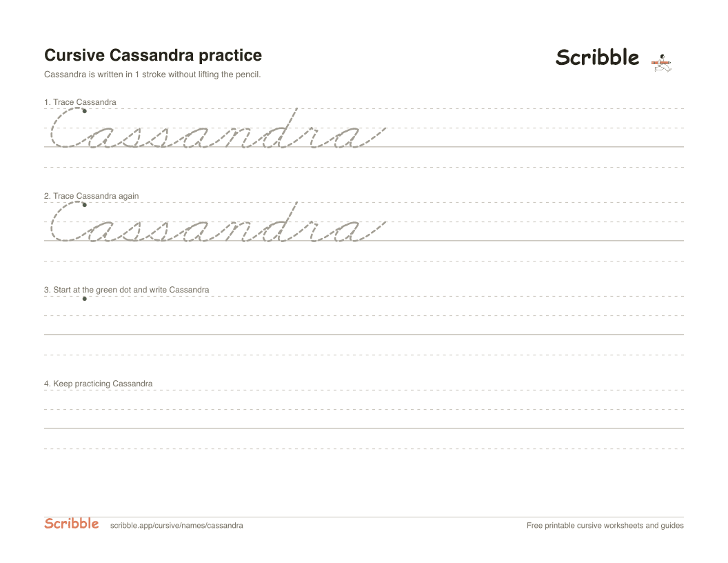 Preview of the printable Cassandra in cursive worksheet: trace, copy, and practice rows