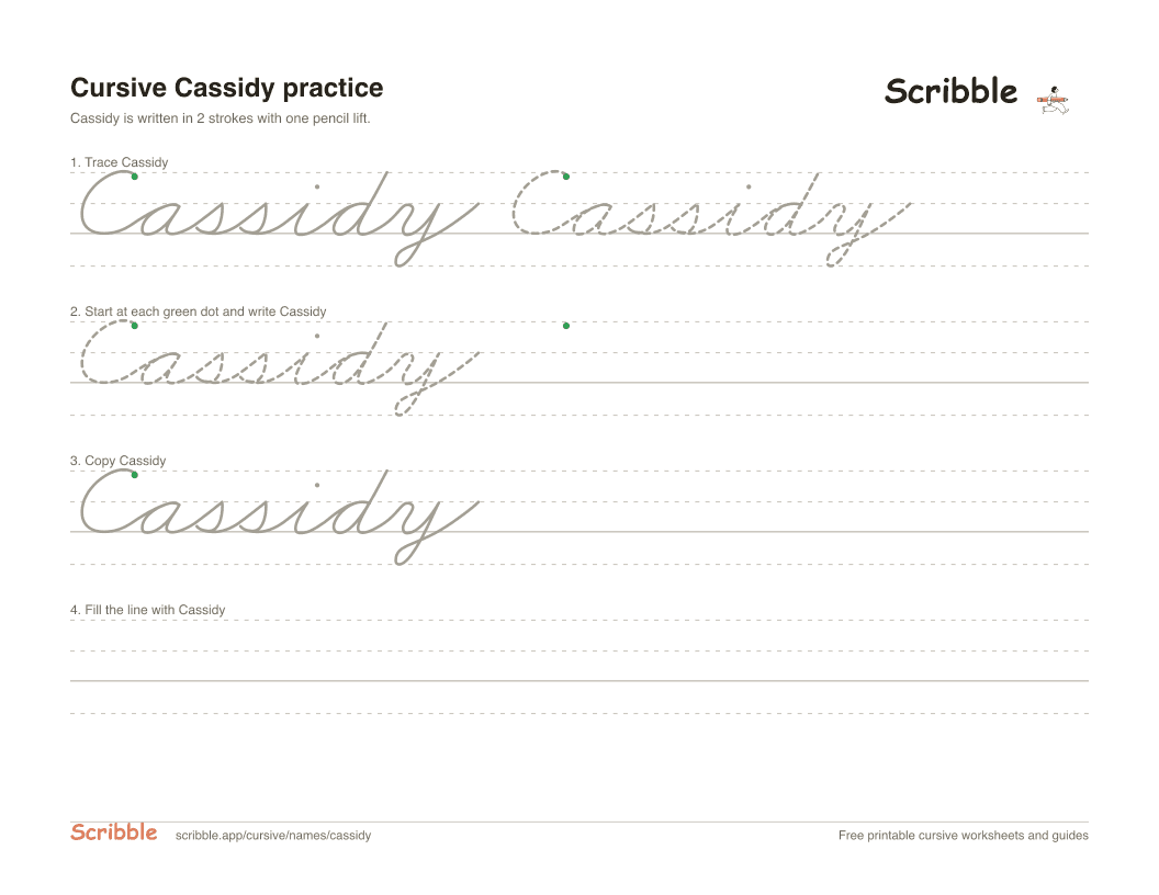 Preview of the printable Cassidy in cursive worksheet: trace, copy, and practice rows