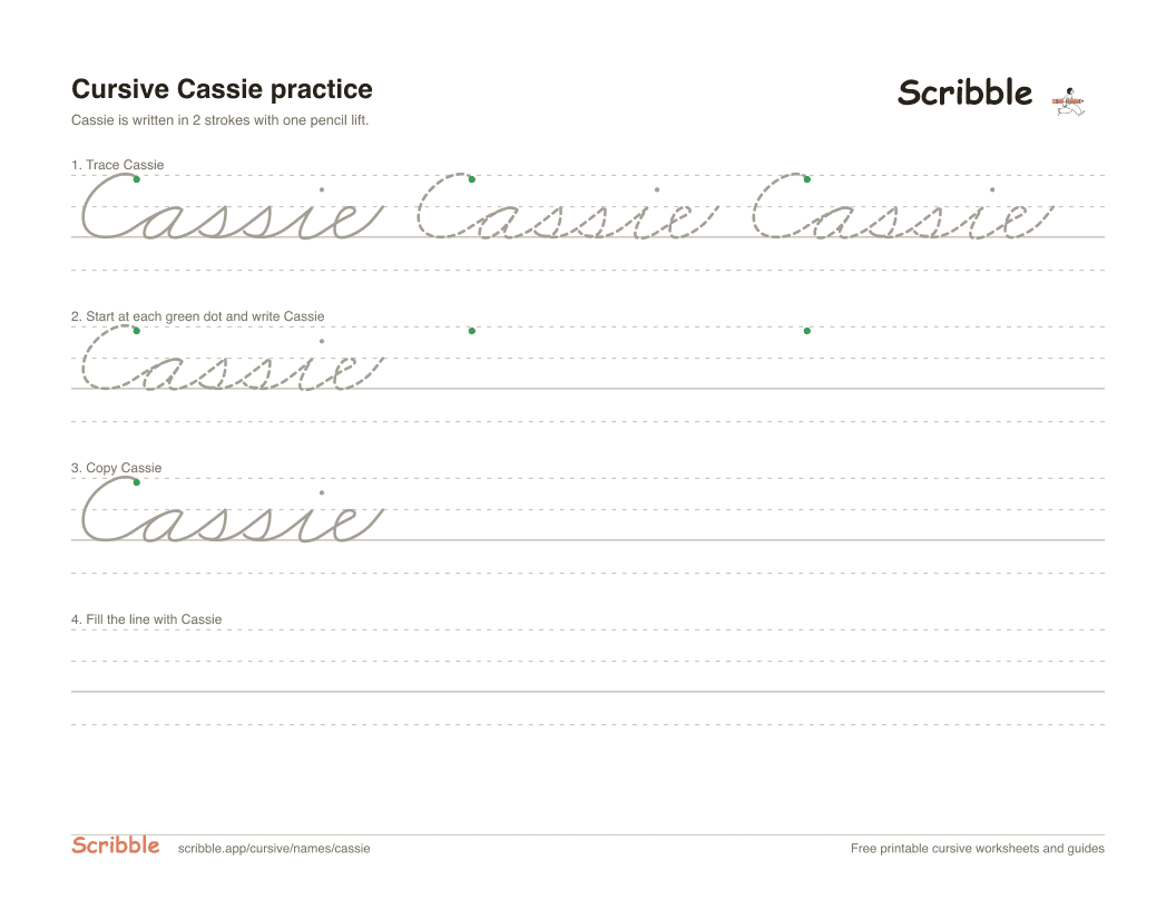 Preview of the printable Cassie in cursive worksheet: trace, copy, and practice rows