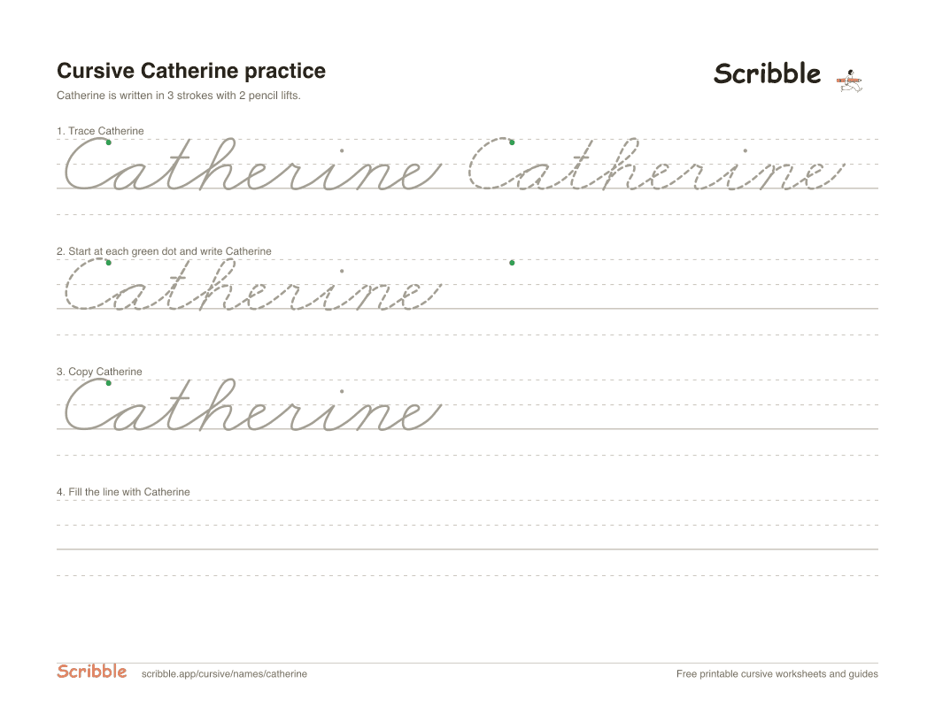 Preview of the printable Catherine in cursive worksheet: trace, copy, and practice rows