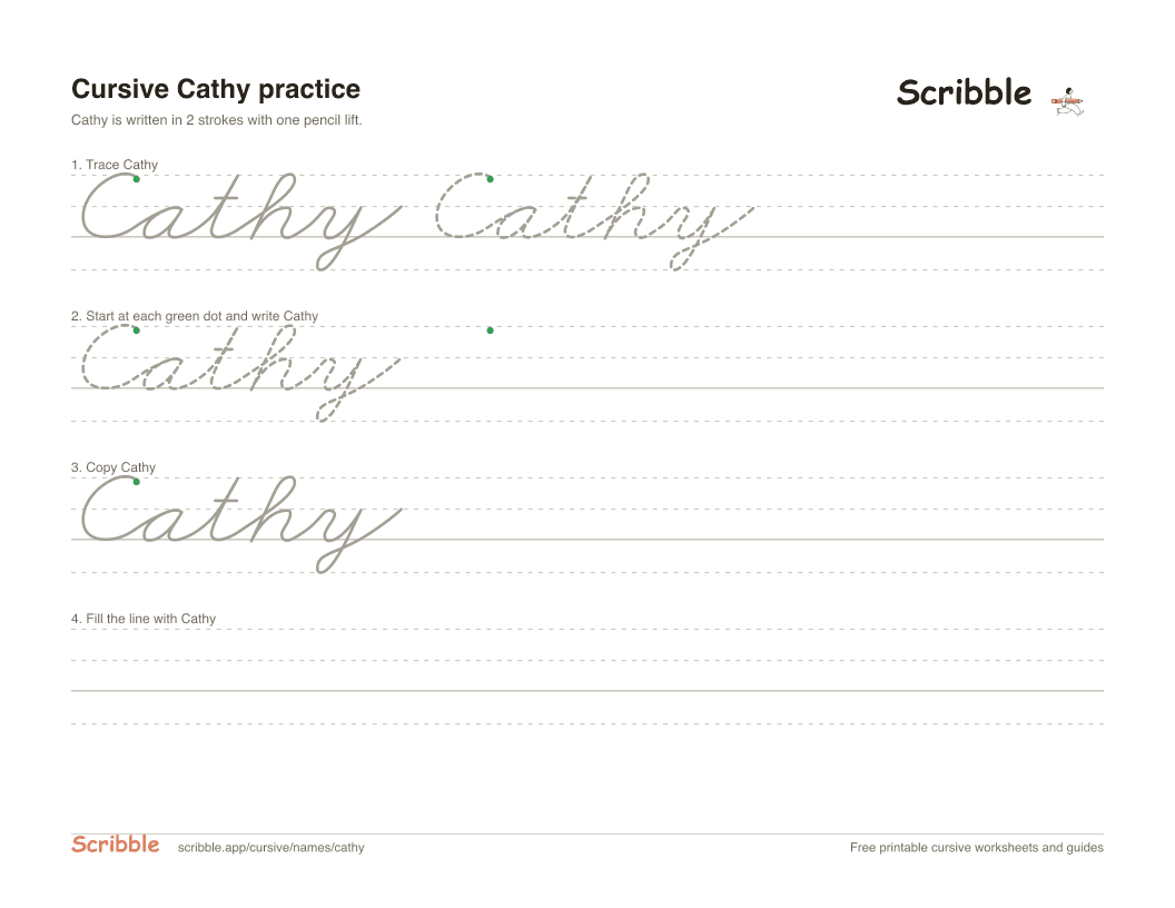 Preview of the printable Cathy in cursive worksheet: trace, copy, and practice rows