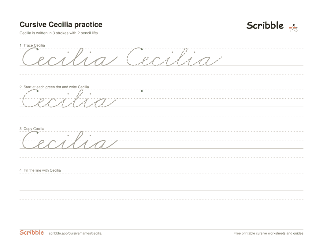 Preview of the printable Cecilia in cursive worksheet: trace, copy, and practice rows