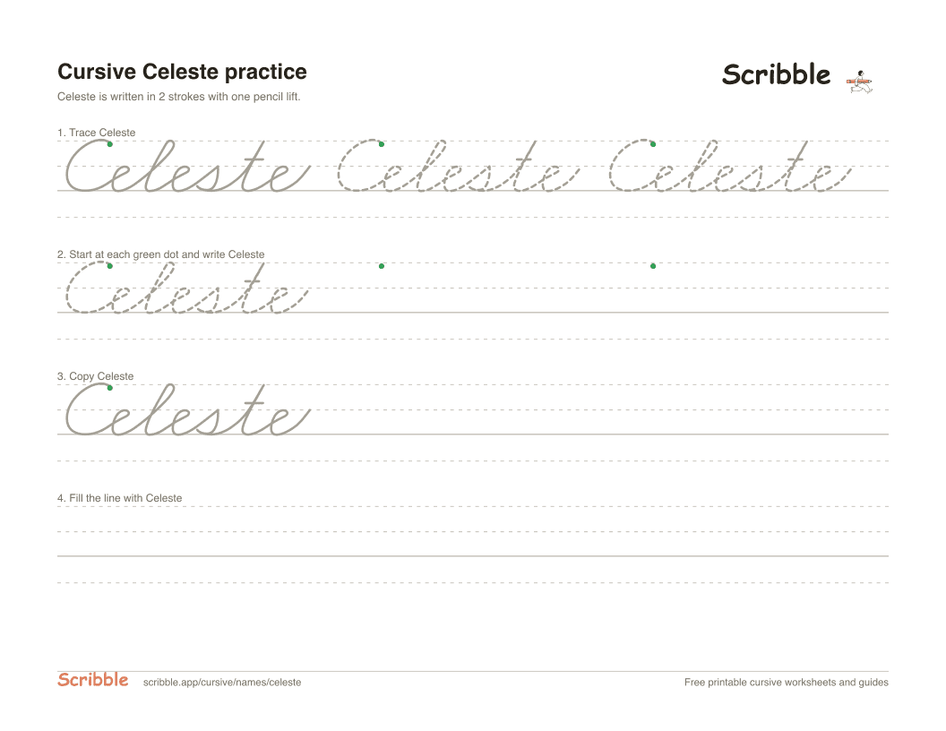 Preview of the printable Celeste in cursive worksheet: trace, copy, and practice rows