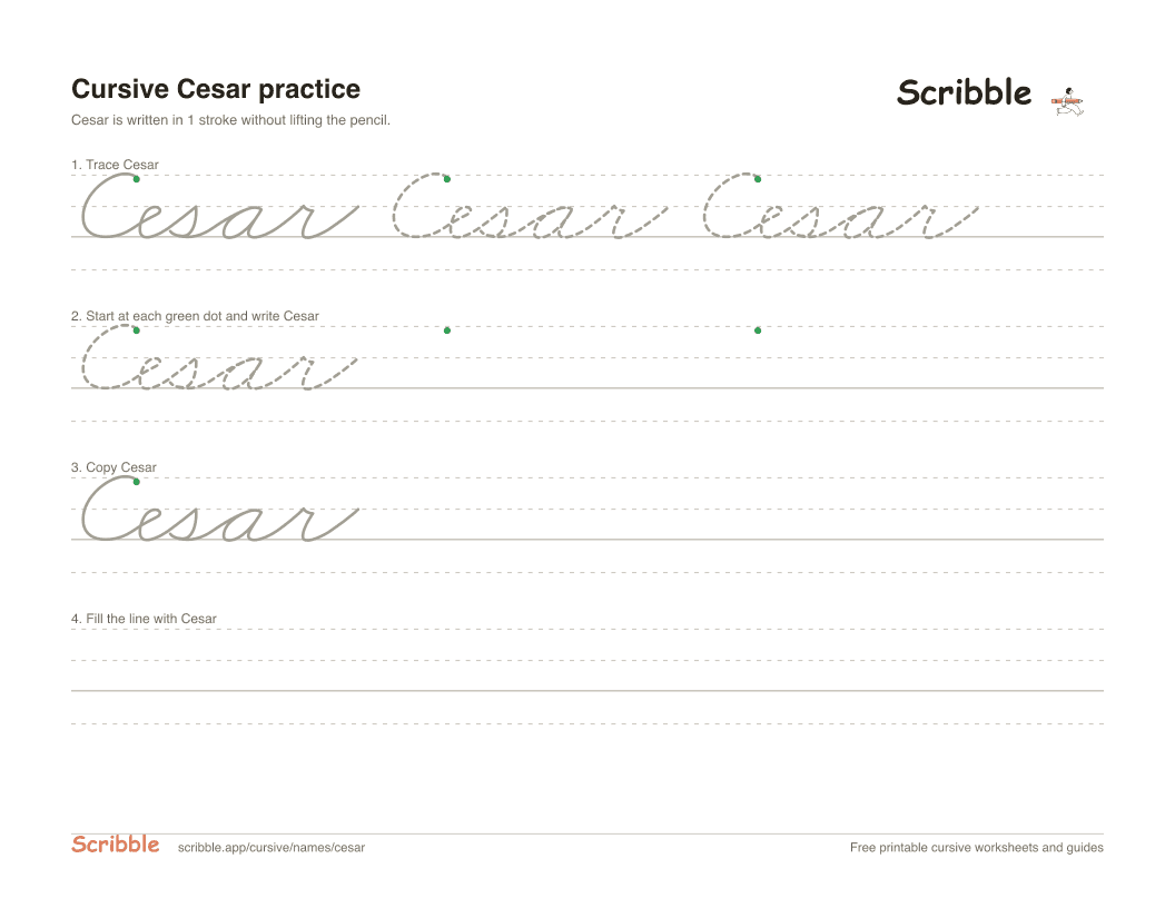 Preview of the printable Cesar in cursive worksheet: trace, copy, and practice rows