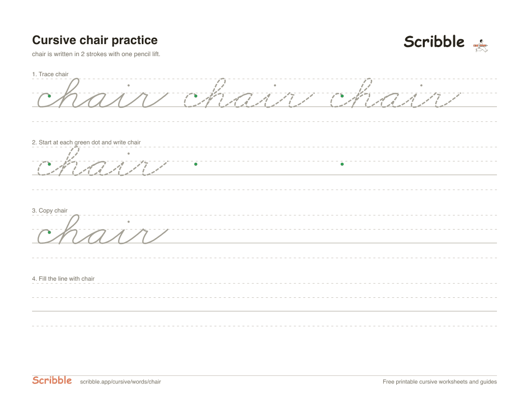 Preview of the printable chair in cursive worksheet: trace, copy, and practice rows