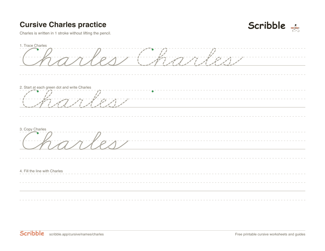 Preview of the printable Charles in cursive worksheet: trace, copy, and practice rows