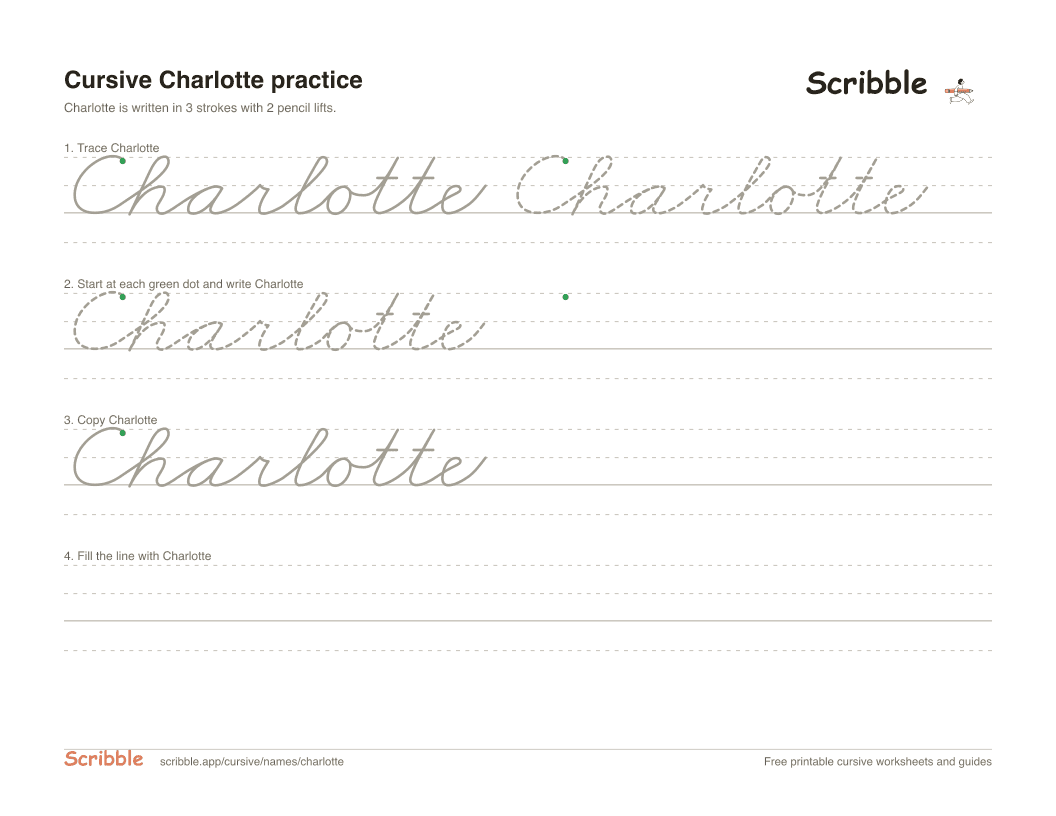 Preview of the printable Charlotte in cursive worksheet: trace, copy, and practice rows