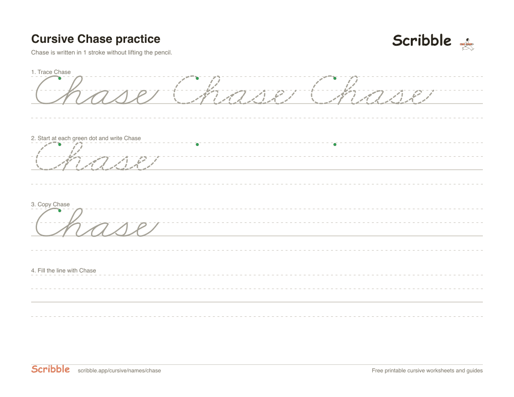 Preview of the printable Chase in cursive worksheet: trace, copy, and practice rows