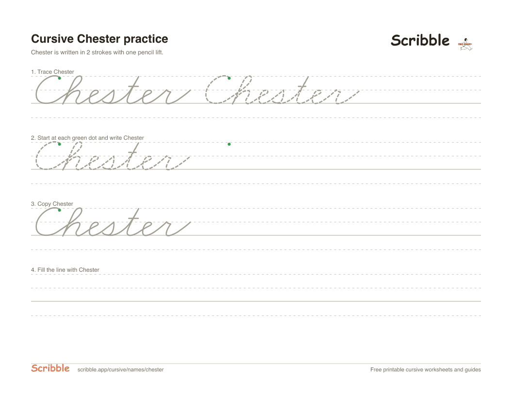 Preview of the printable Chester in cursive worksheet: trace, copy, and practice rows