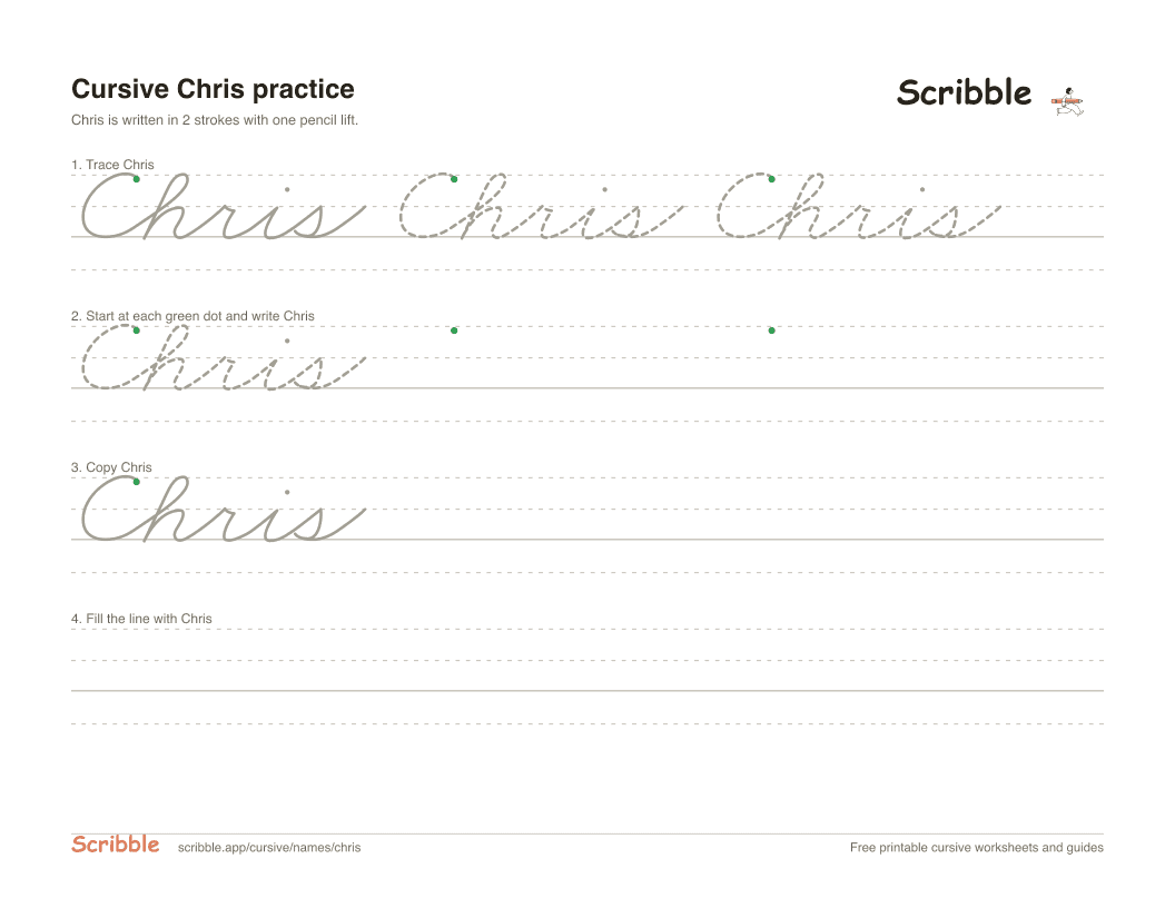 Preview of the printable Chris in cursive worksheet: trace, copy, and practice rows