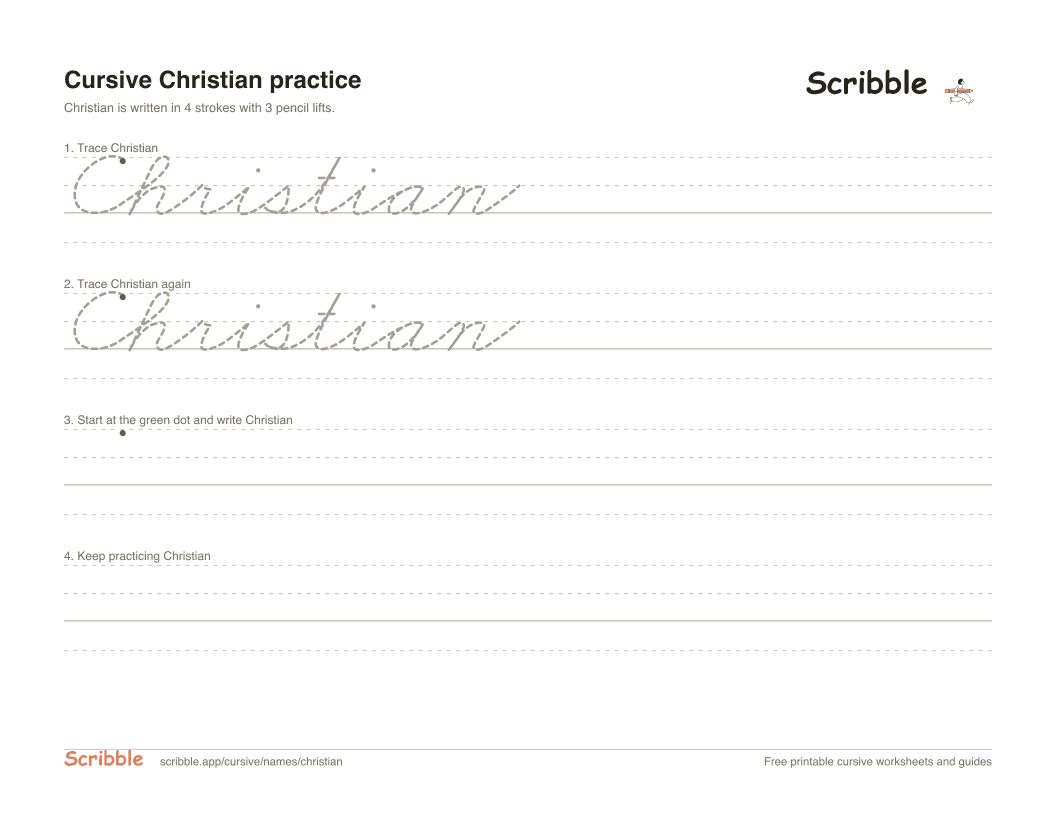 Preview of the printable Christian in cursive worksheet: trace, copy, and practice rows