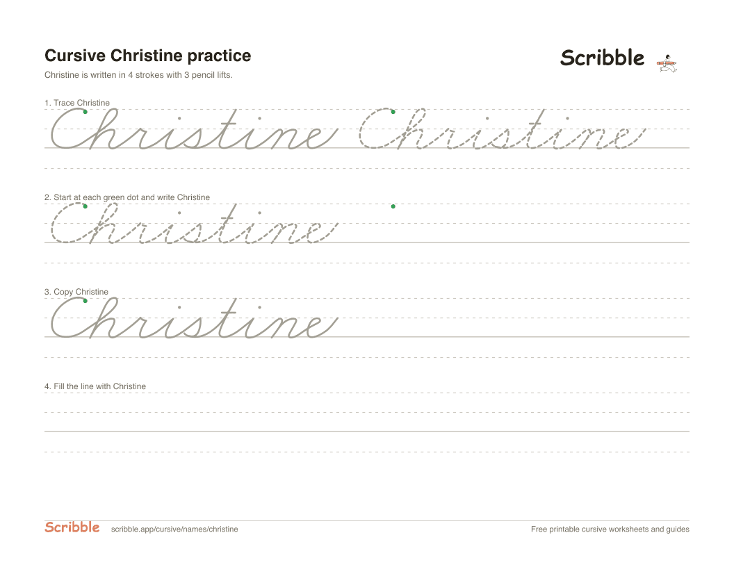 Preview of the printable Christine in cursive worksheet: trace, copy, and practice rows