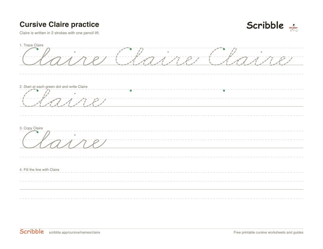 Preview of the printable Claire in cursive worksheet: trace, copy, and practice rows
