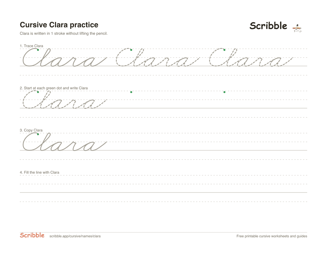 Preview of the printable Clara in cursive worksheet: trace, copy, and practice rows