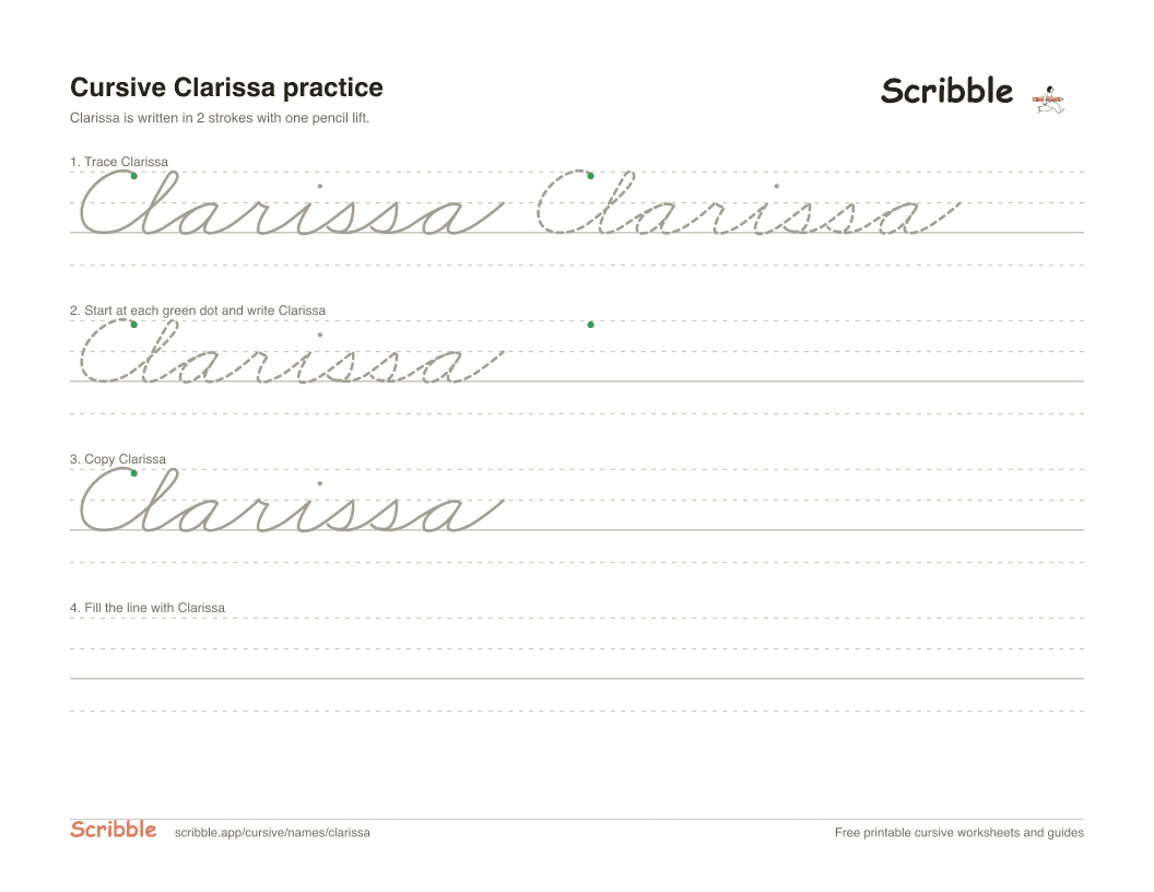 Preview of the printable Clarissa in cursive worksheet: trace, copy, and practice rows