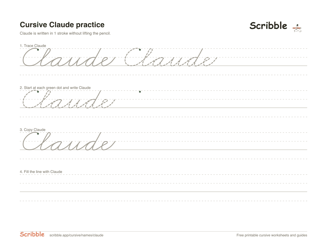 Preview of the printable Claude in cursive worksheet: trace, copy, and practice rows