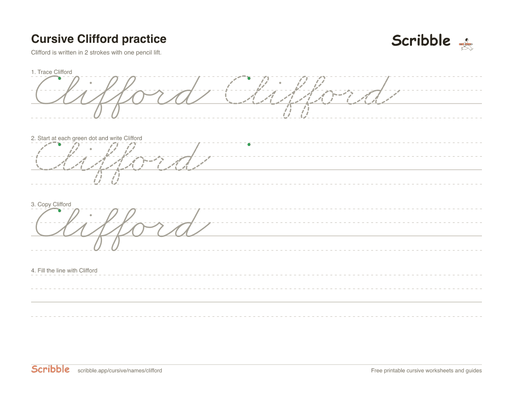 Preview of the printable Clifford in cursive worksheet: trace, copy, and practice rows