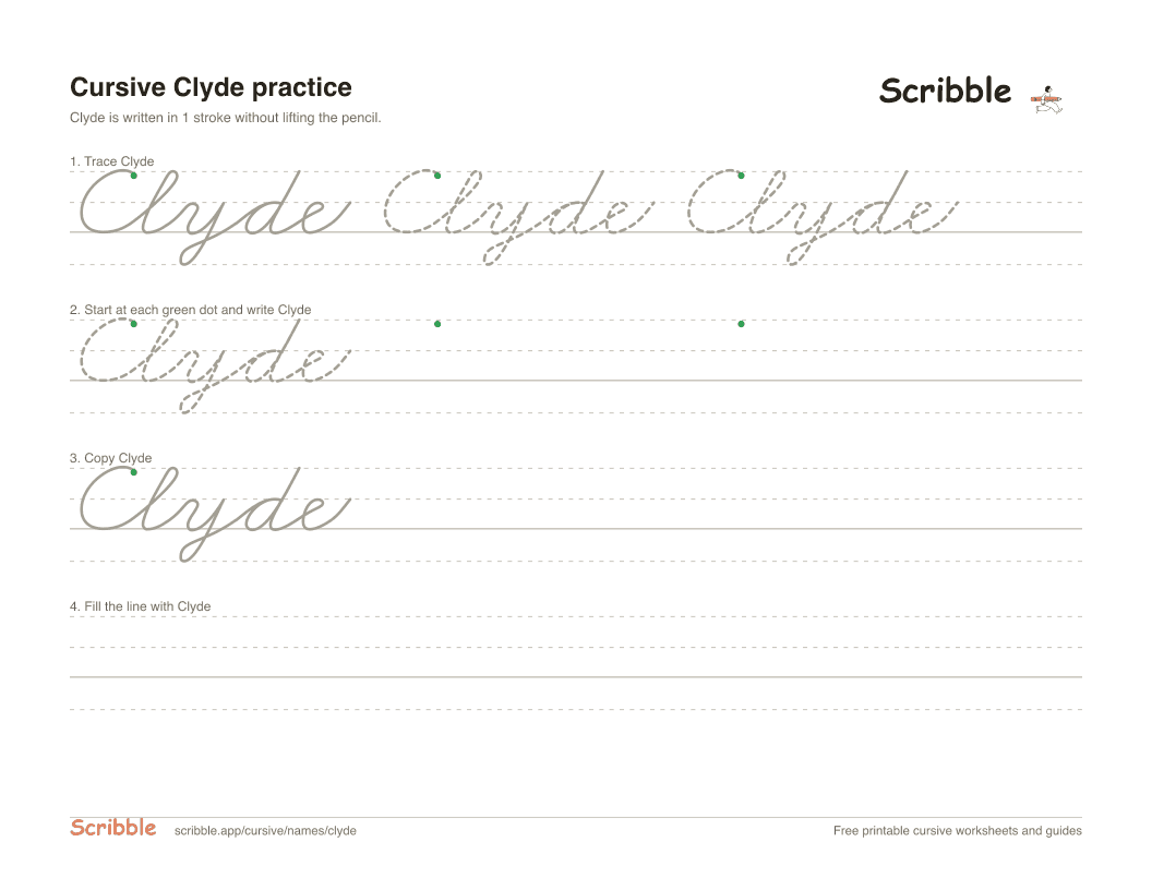 Preview of the printable Clyde in cursive worksheet: trace, copy, and practice rows