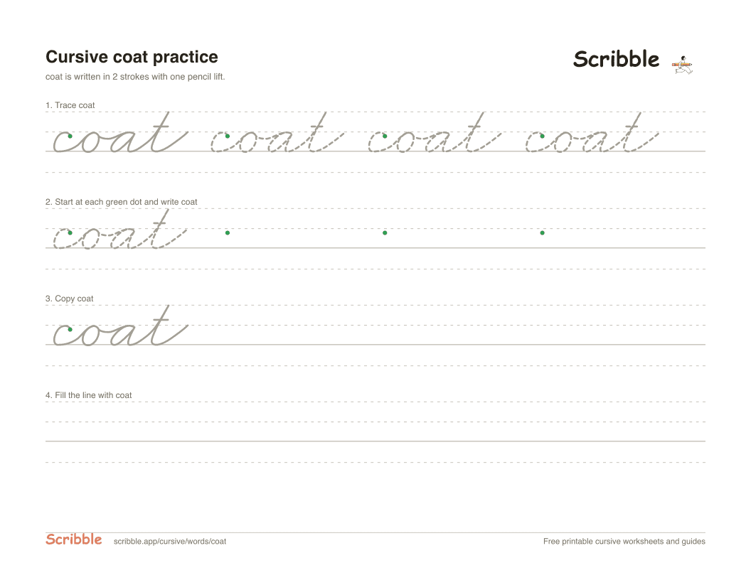Preview of the printable coat in cursive worksheet: trace, copy, and practice rows