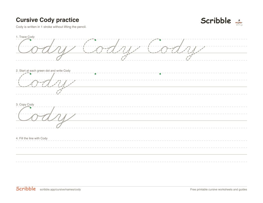 Preview of the printable Cody in cursive worksheet: trace, copy, and practice rows