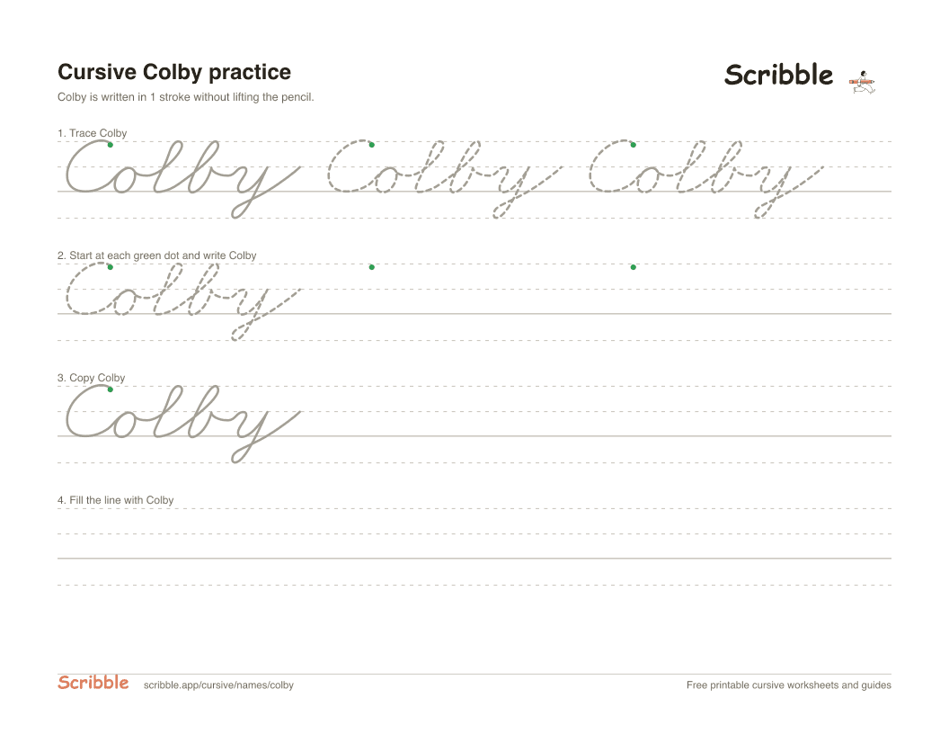 Preview of the printable Colby in cursive worksheet: trace, copy, and practice rows