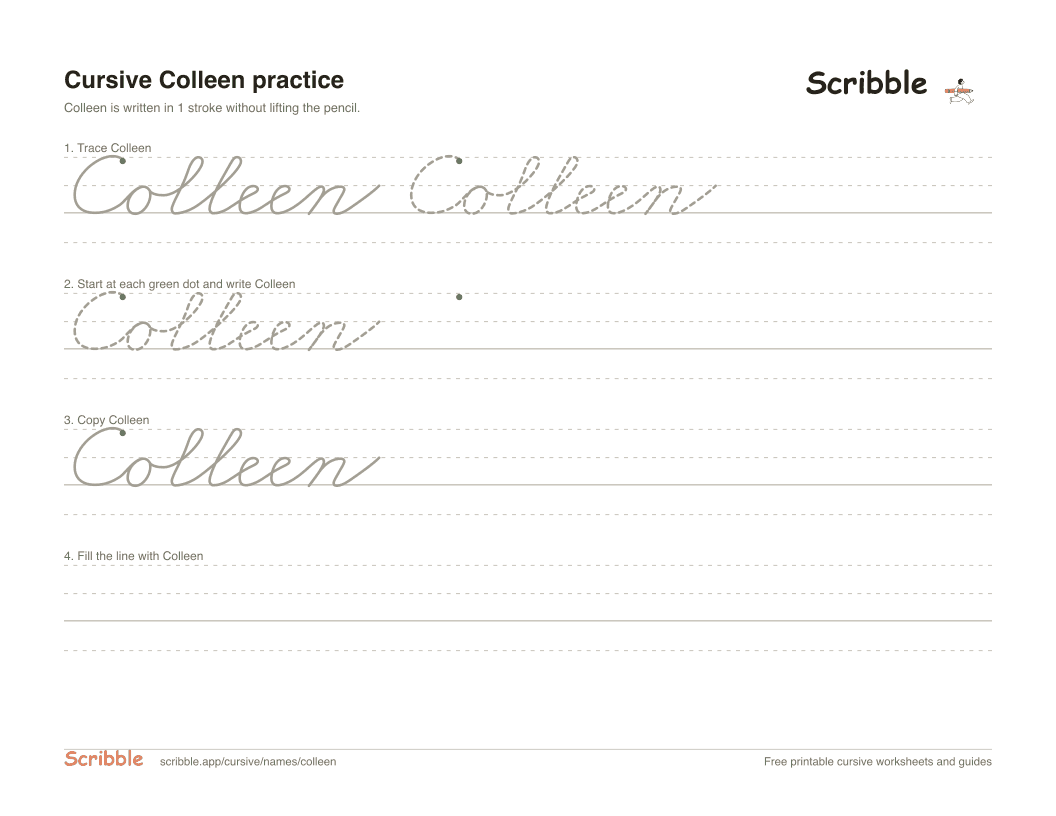 Preview of the printable Colleen in cursive worksheet: trace, copy, and practice rows