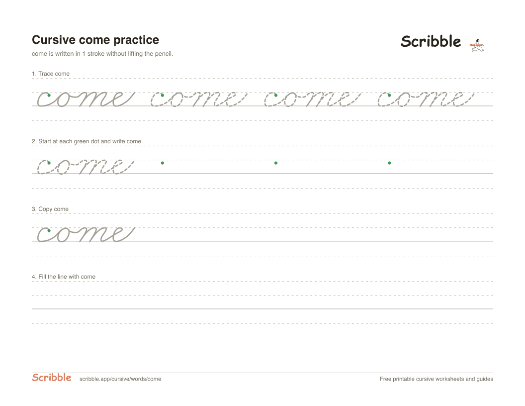 Preview of the printable come in cursive worksheet: trace, copy, and practice rows
