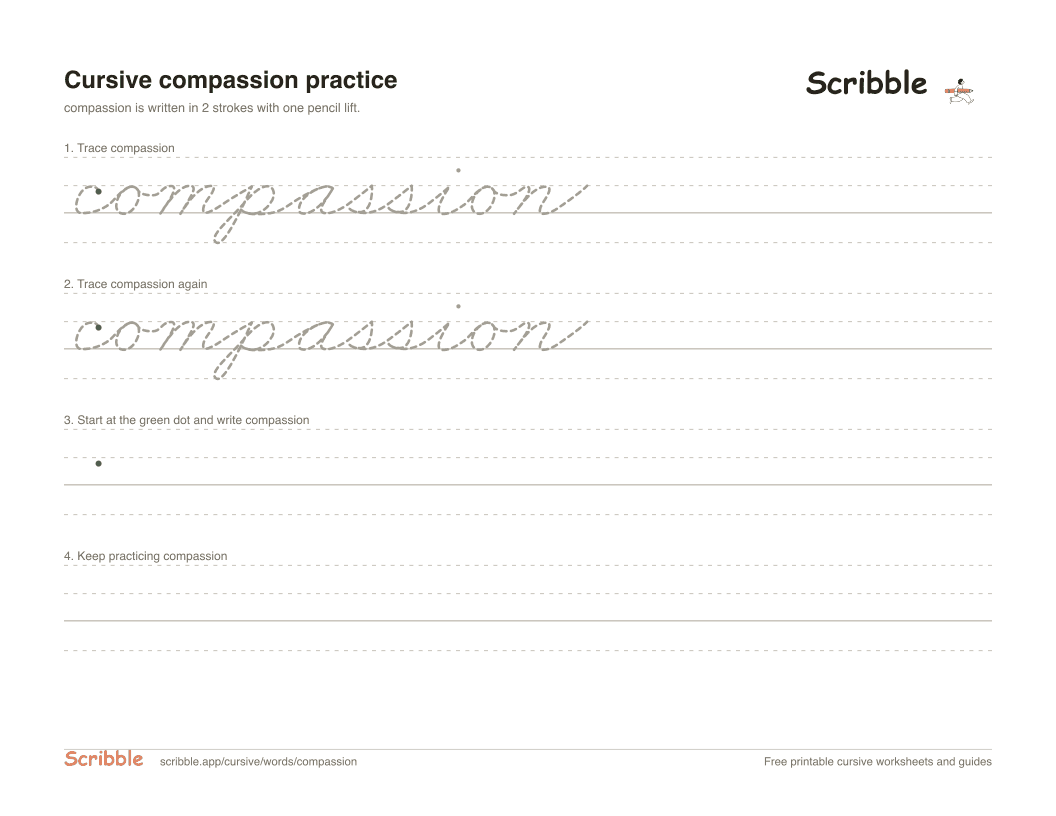 Preview of the printable compassion in cursive worksheet: trace, copy, and practice rows