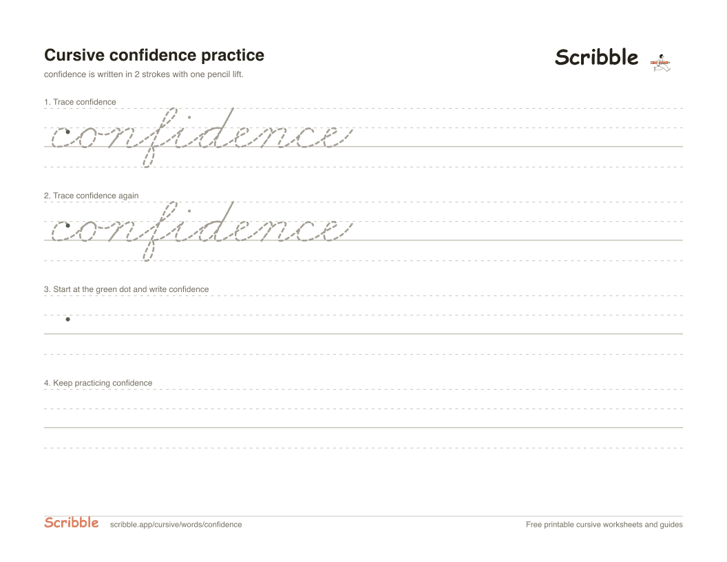 Preview of the printable confidence in cursive worksheet: trace, copy, and practice rows