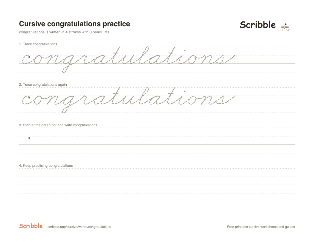 Preview of the printable congratulations in cursive worksheet: trace, copy, and practice rows