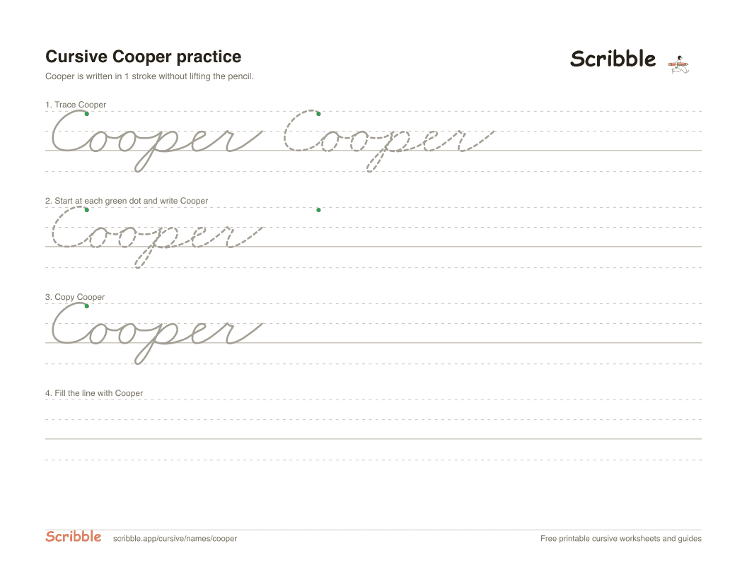 Preview of the printable Cooper in cursive worksheet: trace, copy, and practice rows