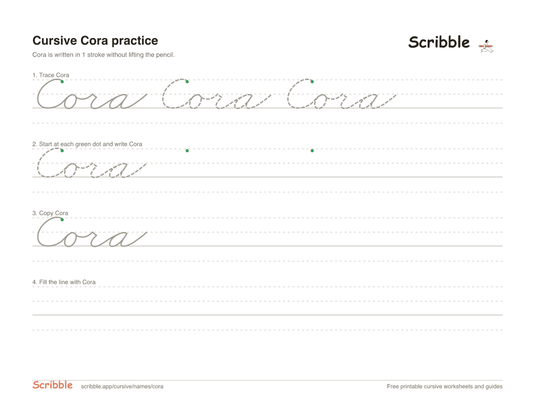 Preview of the printable Cora in cursive worksheet: trace, copy, and practice rows