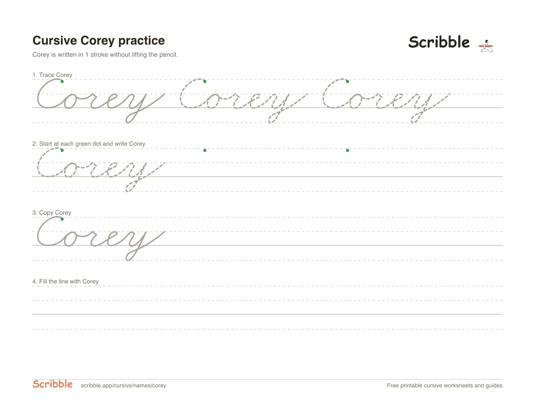 Preview of the printable Corey in cursive worksheet: trace, copy, and practice rows