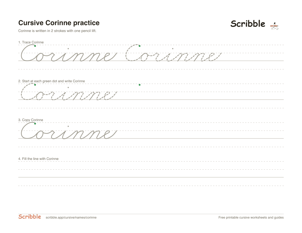 Preview of the printable Corinne in cursive worksheet: trace, copy, and practice rows
