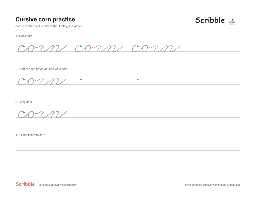 Preview of the printable corn in cursive worksheet: trace, copy, and practice rows