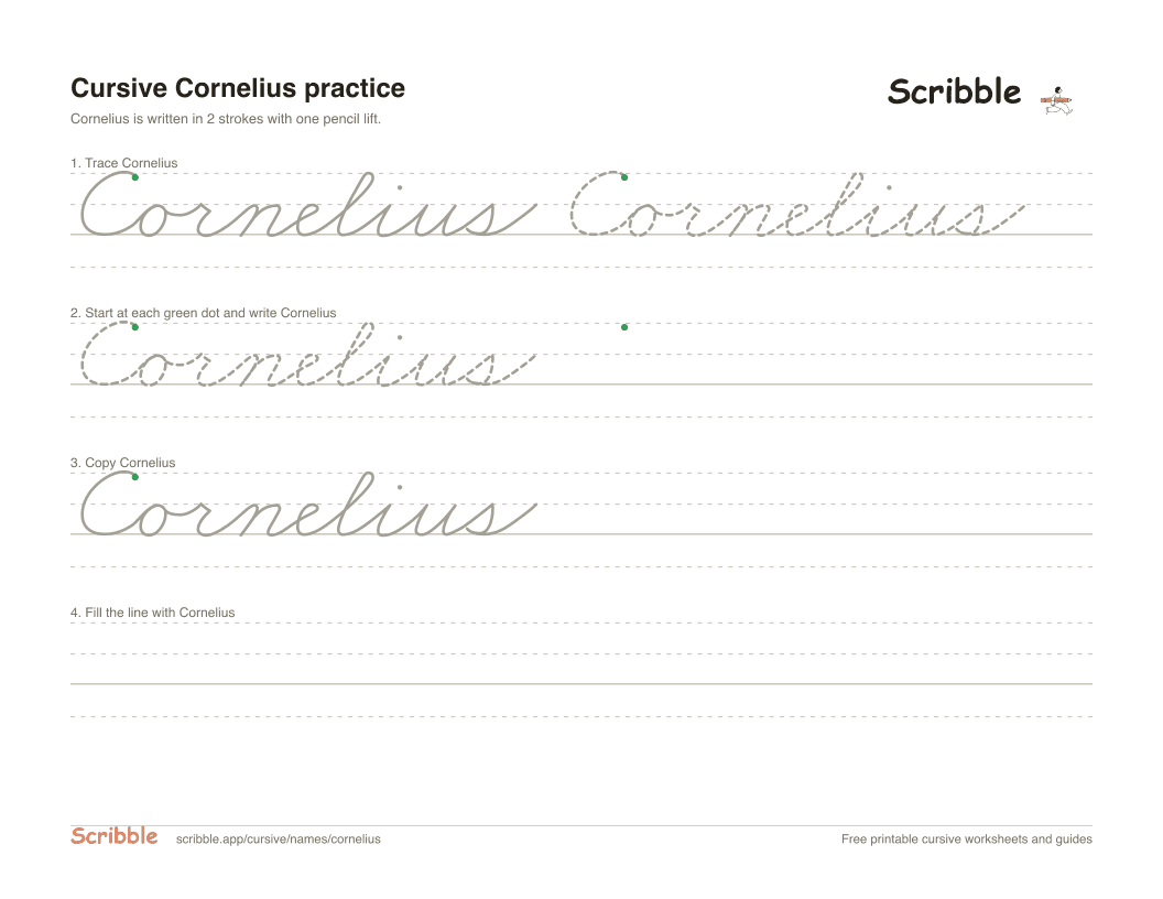 Preview of the printable Cornelius in cursive worksheet: trace, copy, and practice rows