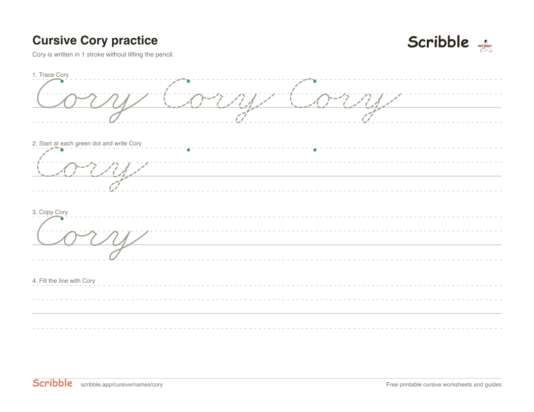 Preview of the printable Cory in cursive worksheet: trace, copy, and practice rows