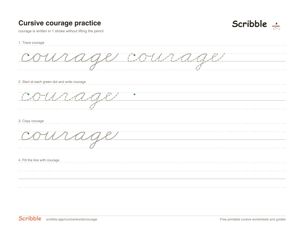Preview of the printable courage in cursive worksheet: trace, copy, and practice rows
