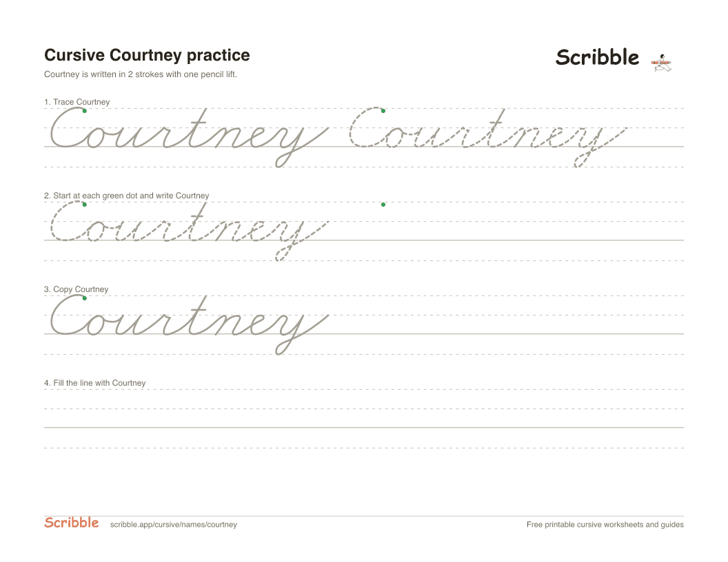 Preview of the printable Courtney in cursive worksheet: trace, copy, and practice rows