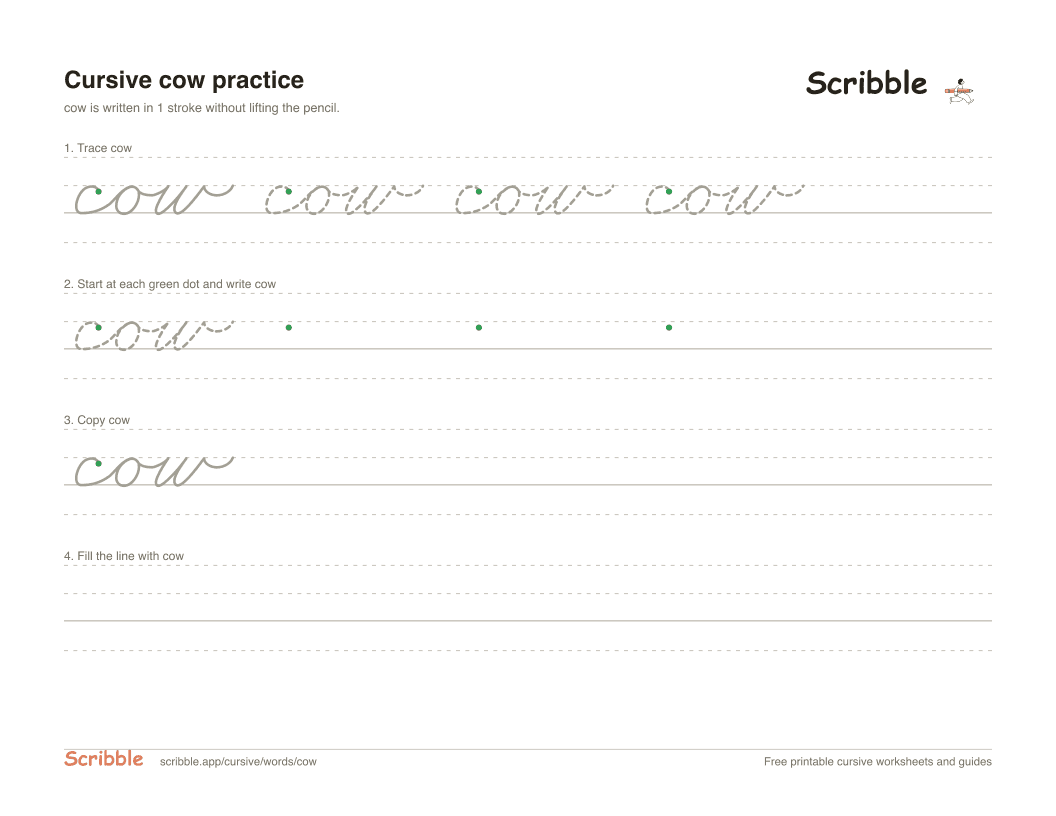 Preview of the printable cow in cursive worksheet: trace, copy, and practice rows