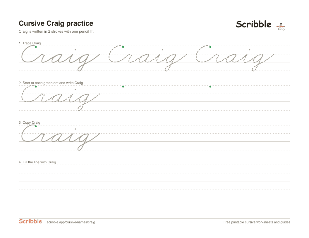 Preview of the printable Craig in cursive worksheet: trace, copy, and practice rows