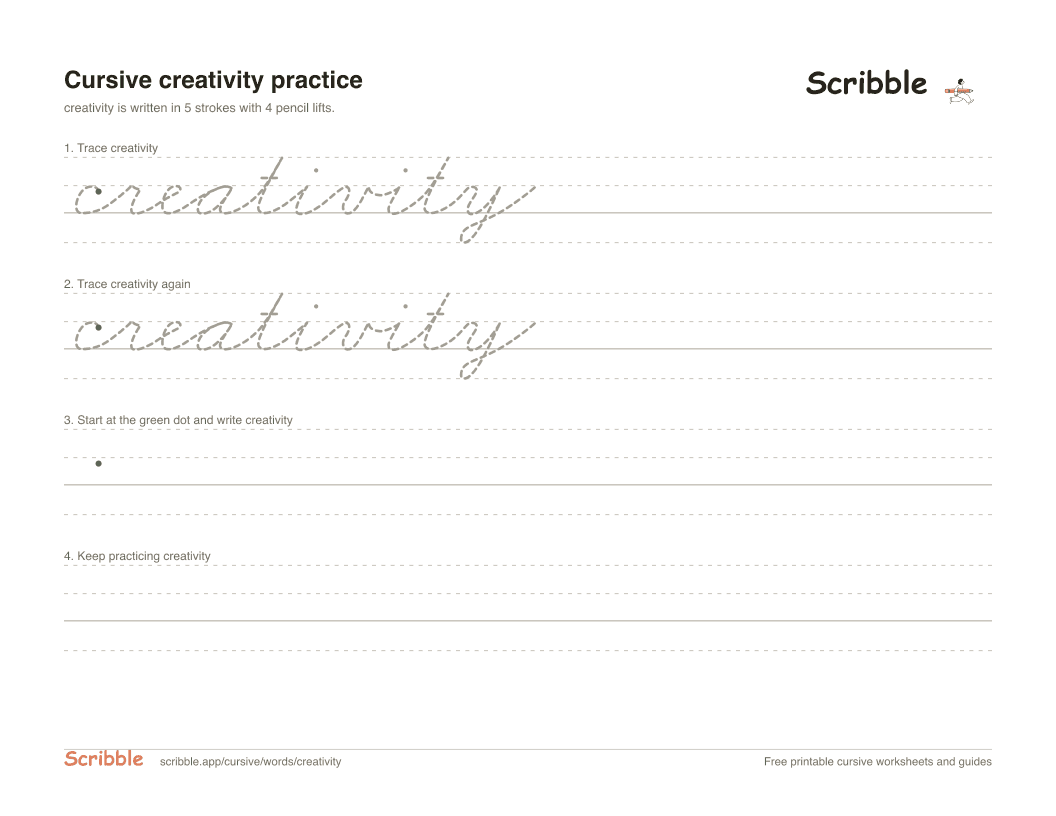Preview of the printable creativity in cursive worksheet: trace, copy, and practice rows