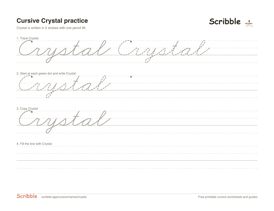 Preview of the printable Crystal in cursive worksheet: trace, copy, and practice rows