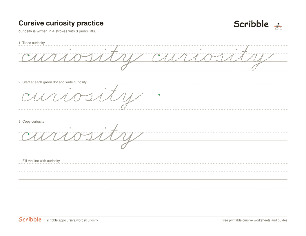Preview of the printable curiosity in cursive worksheet: trace, copy, and practice rows