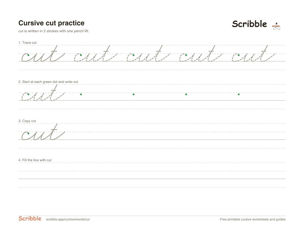 Preview of the printable cut in cursive worksheet: trace, copy, and practice rows