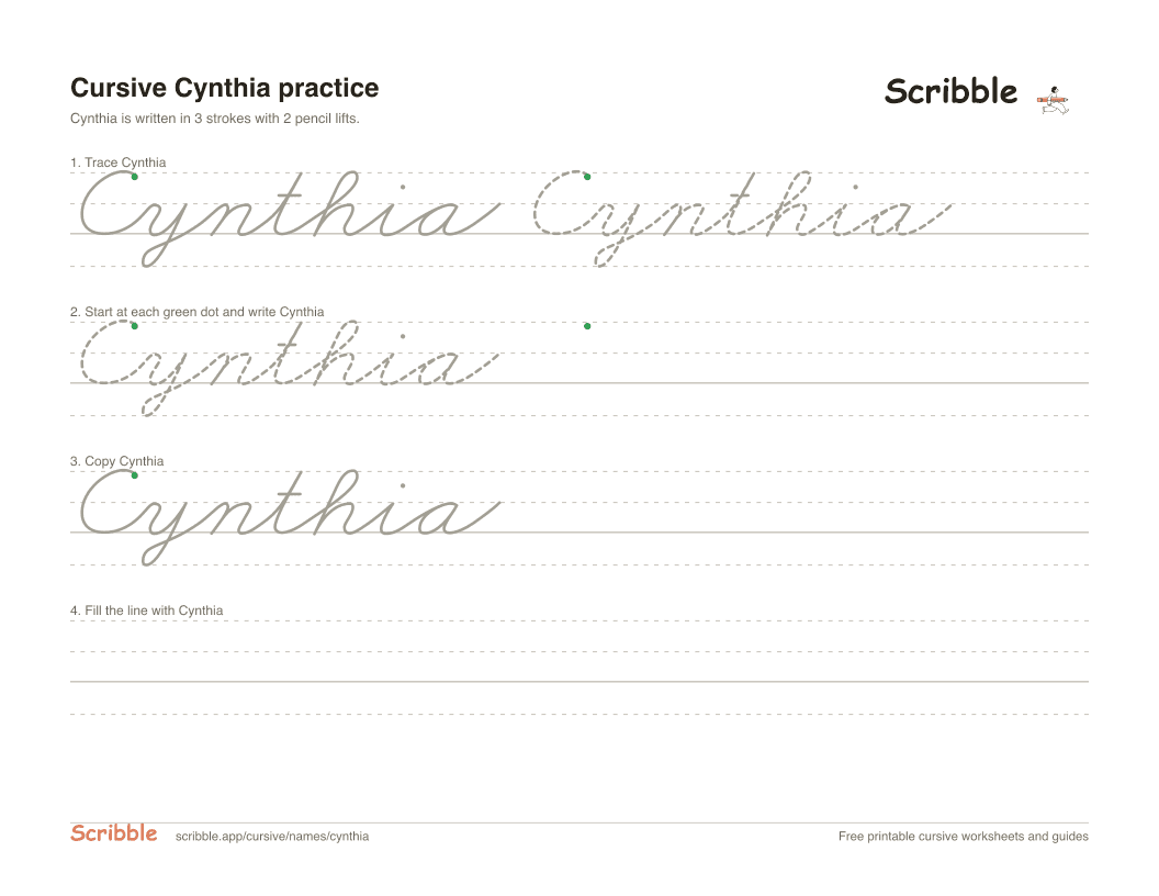 Preview of the printable Cynthia in cursive worksheet: trace, copy, and practice rows