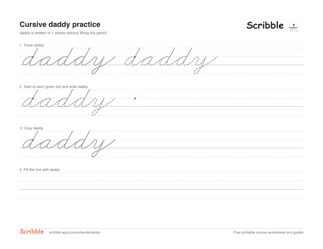 Preview of the printable daddy in cursive worksheet: trace, copy, and practice rows