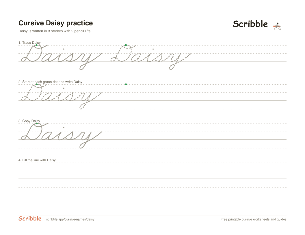 Preview of the printable Daisy in cursive worksheet: trace, copy, and practice rows